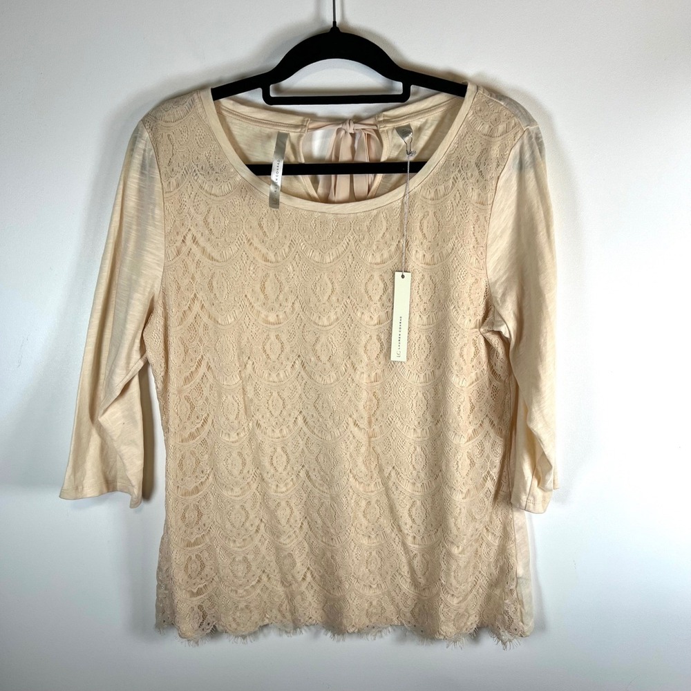 LC Lauren Conrad Lace Front Bow Back Peplum Top Cream XL‎